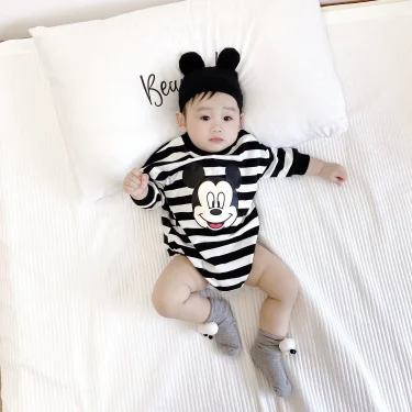 Striped Bodysuit +Knitted Hat Newborn Clothes New Cartoon Print Long Sleeve Jumpsuits Baby Cute Fashion Triangle Pants Rompers 2