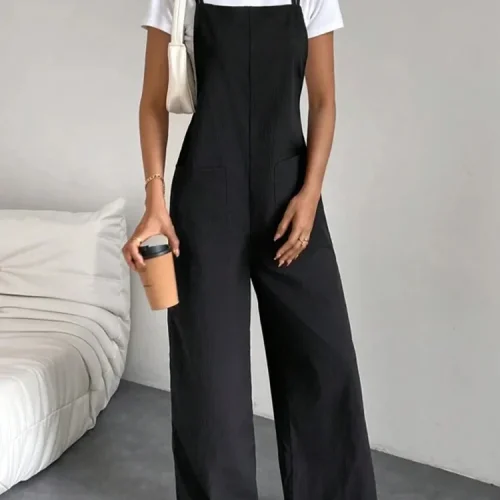 Fashion Casual Women's Soild Black Color Pants Pocket Double Shoulder Thin Shoulder Straight Overalls Wide-leg Long Pants 1