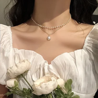 Kiss Jewelry Vintage Gold Color Pearl Beaded Necklace Women Double Chains Pearl Pendant Choker Korean Fashion Collar Jewelry 1