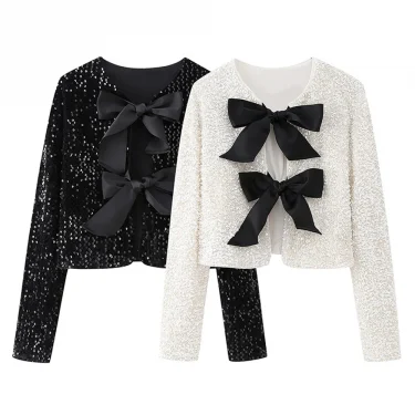 UNIZERA Autumn/Winter New Product Women's Fashionable and Stylish Round Neck Long sleeved Bow Tied Sequin Suit Coat 3