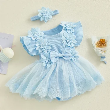 3D Flower Summer Baby Girls Romper Princess Mesh Newborn Clothes Lace Patchwork Ruffle Bodysuit Dress Headband Kids Clothing 2