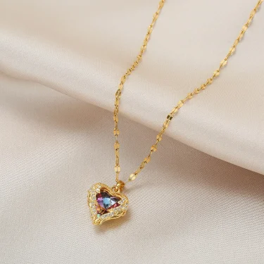 Top Luxury Colorful Crystal Ocean Heart Pendant Necklace For Women Trendy 316L Stainless Steel Jewelry Female Wedding Neck Chain 2
