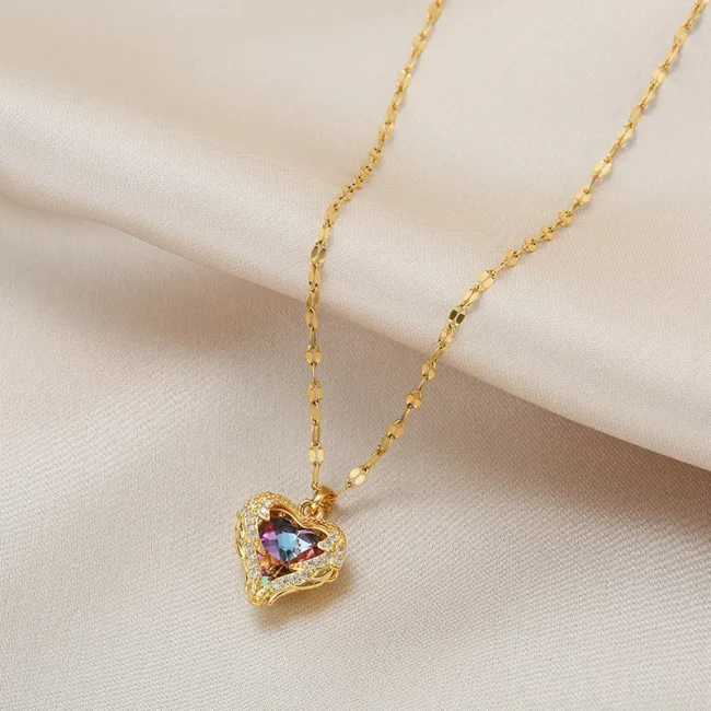 Top Luxury Colorful Crystal Ocean Heart Pendant Necklace For Women Trendy 316L Stainless Steel Jewelry Female Wedding Neck Chain 2