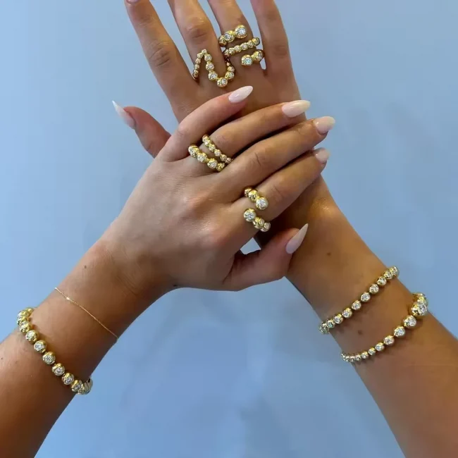 New Arried Geometric Fashion Women Jewelry Set Gold Color Round Ball Bezel Set CZ Bracelet Bangle Rings 6