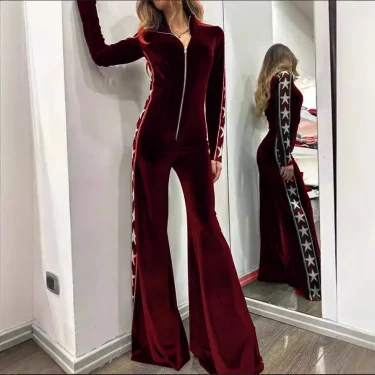 Fashion Velvet Patchwork Printed Romper, Women's New Autumn High-neck Zipper Long-sleeved Micro-trumpet Romper, Elegant Jumpsuit 3