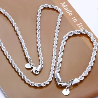 Charm 925 sterling silver Accessories Men 4MM 40-60cm 2PCS Rope Chain Necklace Bracelet Women Fashion Wedding Gift Jewelry 1