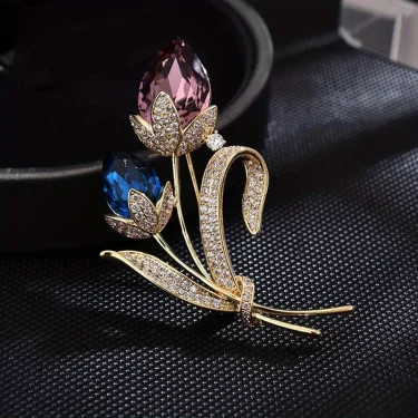 Ladies Novelty Retro Twin Flower Brooch High-grade Women's Exquisite Crystal Flower Corsage Anti-slip Pin Suit Accessories 5