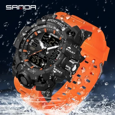 SANDA Luxury G Style Men's Electronic Watch Outdoor Sports LED Analog Digital Chronograph Military Dual Display 50M Waterproof 2