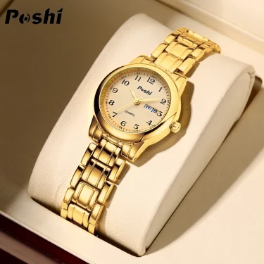 POSHI Original Waterproof Quartz Watch for Women Fashion Ladies Bracelet Luxury Stainless Steel Strap Date Week Women's Watches 2