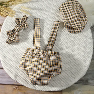 Ylsteed Newborn Boy Photography Outfit Little Gentleman Plaid Suspenders Trousers Casquette Cap and Bow Tie Infant Photo Props 1