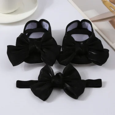 Lovely Baby Girls Shiny Baptism Shoes Headband Newborn Cute Bowknot Mary Jane Flats Set Children First Walker Flat 0-12 Months 5