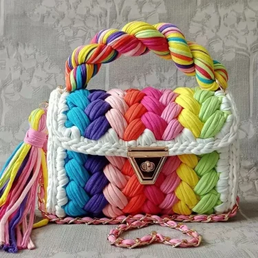 Lady Shoulder Bag Handmade Crochet Bag Woven Bag Fabric Strip Luxury Designer Handbag Purses for Women Tote Bags 1