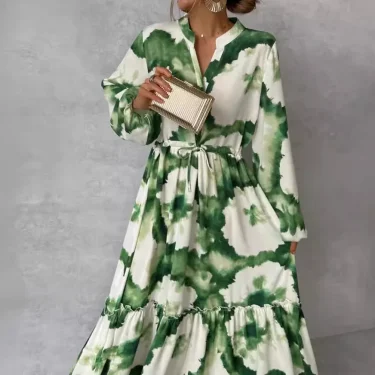 New Women's Long sleeve dress With Fashionable Floral print V-neck and Adjustable Waist Size A-line dress Women's casual wear 2