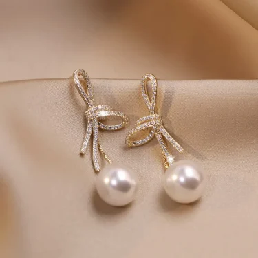 New Delicate Versatile Bowknot Drop Earrings Fashion Long Tassels Sweet Pearl Women Earrings Jewelry Girl's 3