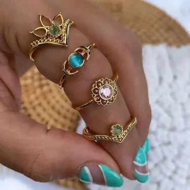Stainless Steel Lotus Flower Ring for Women Gold Color Vintage Stone Opal Oval Flower Ring Fashion Aesthetic Jewelry Gift 2