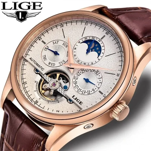 LIGE Men Watches Automatic Mechanical Watch Tourbillon Clock Genuine Leather Waterproof Watch Men Military Wristwatch Man 1