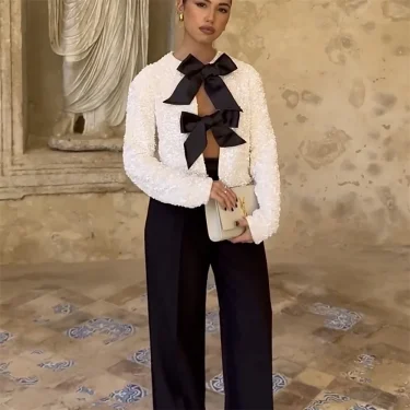 UNIZERA Autumn/Winter New Product Women's Fashionable and Stylish Round Neck Long sleeved Bow Tied Sequin Suit Coat 1