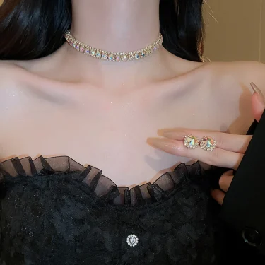 FYUAN Luxury Crystal Necklace Earrings Set Pink ABcolourful Necklace for Women Weddings Party Jewelry Sets Accessories 2