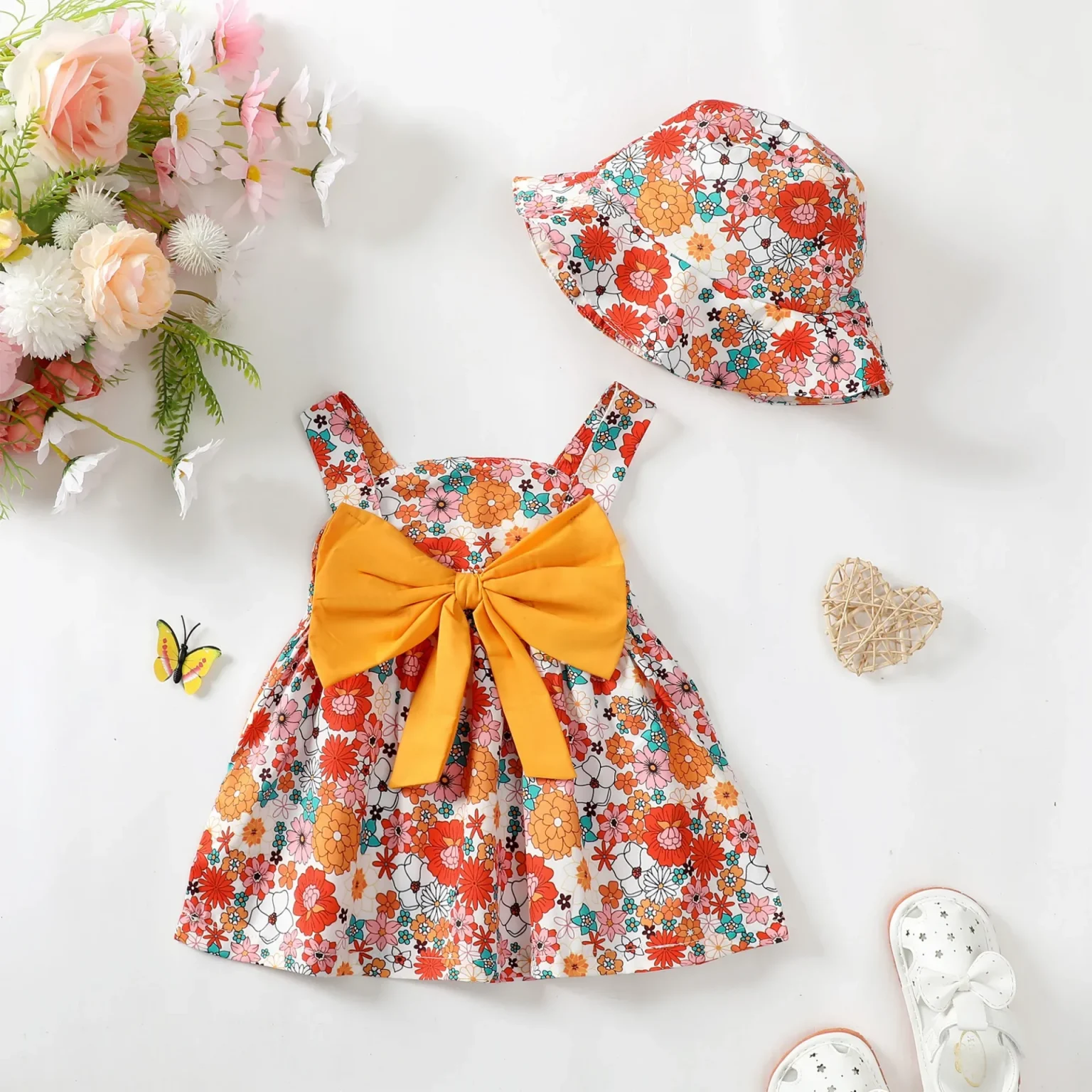 4 Color /2PCS Dress Clothes Set Baby Girl Flower Sleeveless Dress with Bow+Hat Summer Fashion Cute Wear for Toddlers Age 0-3 2