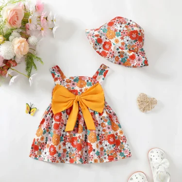4 Color /2PCS Dress Clothes Set Baby Girl Flower Sleeveless Dress with Bow+Hat Summer Fashion Cute Wear for Toddlers Age 0-3 2