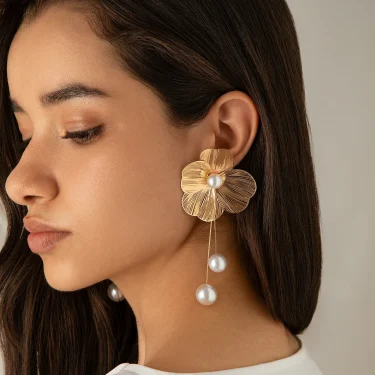 Romantic Flower Petal Long Tassel Drop Earrings for Women 2025 Trend Imitation Pearl Hanging Piercing Earrings Wed Jewelry Gift 2