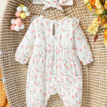 Baby Girl's All Seasons Long Sleeve Print Floral With Bow Daily Jumpsuit For Newborn-6M Clothes +Headband 2