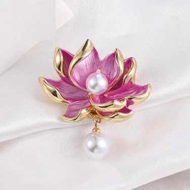 Elegant Lotus Flower Enamel Pins for Women Fashion Gold Plated Bouquet Drop White Pearl Brooches Weddings Clothes Accessories 4