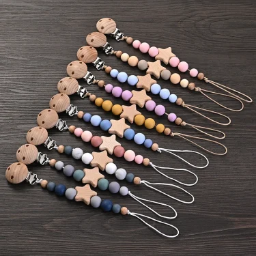 Baby Pacifier Chain Clips Wood Pentagram Teether Silicone Round Beads Teething Chain For Baby Care Soother Chew Toys Shower Gift 2