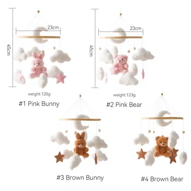 Wooden Crib Mobile Baby Bed Bell Rattle Toy Soft Felt Cartoon Bear Mobile Hanging Newborn Music Box Bed Bell Hanging Bracket Toy 6