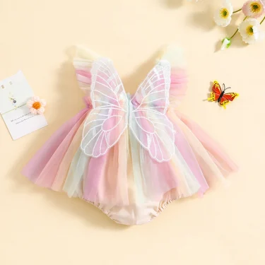 Infant Girl Rompers Dress Embroidery Butterfly Wing Fly Sleeve Rainbow Color Tulle Skirt Jumpsuits Clothes Baby Summer Clothing 2