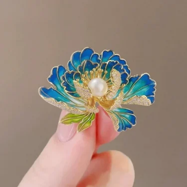 Chinese Style Purple Peony Flower Brooch For Women Dainty Plant Pearl Shiny Rhinestone Pins Party Office Wedding Corsage Jewelry 3