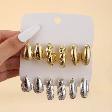 6 Pieces of Retro Smooth Water Droplet C-shaped Earring Set for Women, Geometric Gold Circular Earrings, Earrings, Jewelry Gifts 2