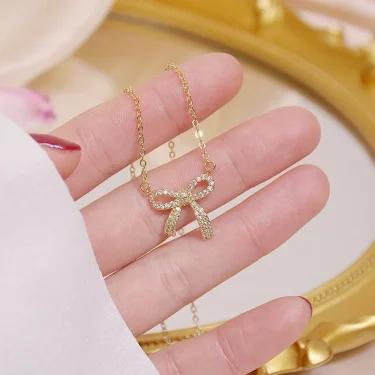 Exquisite copper inlaid zirconium sweet bow pendant necklace real gold plated sexy women prom party necklace Korean jewelry 1