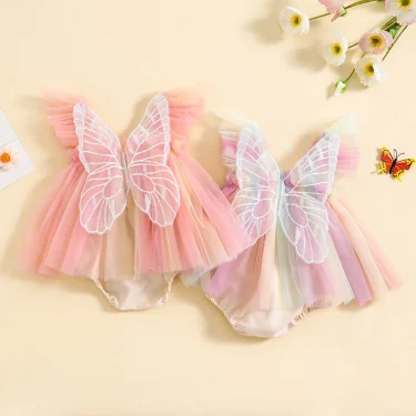 Infant Girl Rompers Dress Embroidery Butterfly Wing Fly Sleeve Rainbow Color Tulle Skirt Jumpsuits Clothes Baby Summer Clothing 1