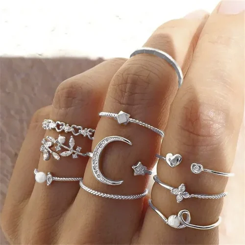 LATS 10Pcs Rings Suit For Women Silver-color Chain Ring Set Bohemian Style Coin Snake Moon Star Party Trend Gift Jewelry 1