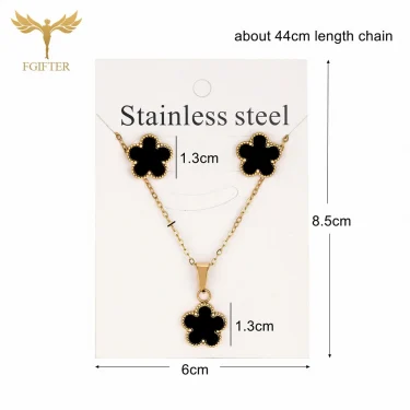 Fashion Black Flower Jewelry Set Golden Stainless Steel Stud Earrings Pendant Necklace Chain Woman Brand Jewelry Accessories 6