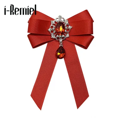 i-Remiel Fashion Red Ribbon Bow Brooch Rhinestone Crystal Fabric Cloth Art Luxury Wedding Dress Pins And Brooches Gift For Women 3