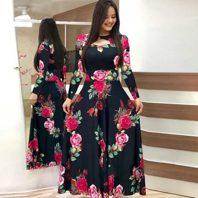 Spring /Autumn Fashion Flower Long Sleeved O-Neck Hollow Slim Fit Dress Women Elegant Long Vestido Maxi Clothes Robe Sexy Femme 3