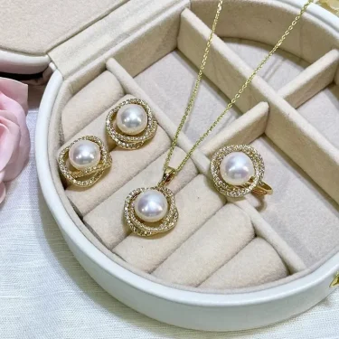 New Inlaid zircon Pearl Necklace Ring Earrings Three-piece Set for Women Stylish Daily Accessories Party Jewelry Birthday Gifts 2