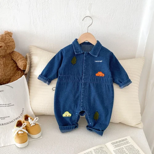 0-2 Year Newborn Boys Denim Bodysuit Spring Autumn Car Embroidery Turn Down Collar Baby Boys Romper Sticker Infant Boys Jumpsuit 1