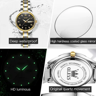 OLEVS Hot Classic Quartz Watch for Women Elegant Dress Luminous Waterproof Week Date Clock Stainless Steel Ladies Wrist watch 5