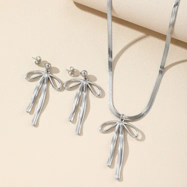 Stainless Steel Set Light Luxury Fashion Bow Tie Pendant Snake Bone Chain Earrings Necklace Set for Women Jewelry Daily Match 6
