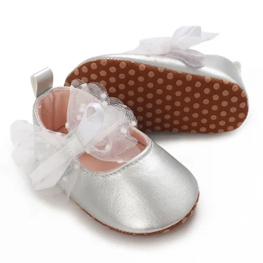 Silver Princess Shoes 0-18M Newborn Casual Shoes Baby Bow Non slip Cloth Bottom Flat Bottom PU Newborn Bow Decoration Mary Janes 3