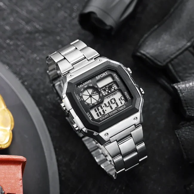 Digital Watch Men's Watch Stainless Steel Strap Countdown Sport Watches Waterproof Led Electronic Wristwatch for Men Gift 2