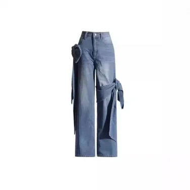 Europe and The United States New Spring Jeans Washed Make Old Patchwork Bow Wide Leg Pants Design Sense Long Jeans for Women 5