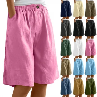 Women's Fashion Solid Color Pants Pocket Button Up Capris Loose Elastic Waist Cotton Linen Shorts 2
