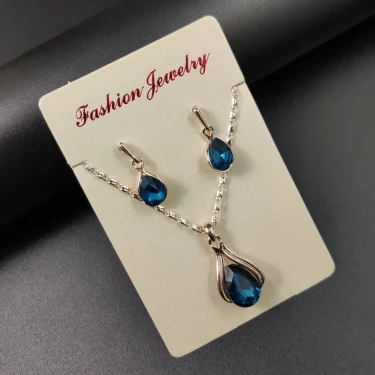 Fashion European and American Blue Zhihai Creative Geometric Wedding Earrings Necklace Set Women's Blue Green Water Drop Set 5