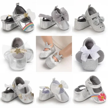 Cute 0-18M Spring Newborn Silver Baby Shoes Non Slip Cloth Bottom Girl Shoes Elegant Breathable Casual Baby First Walking Shoes 1