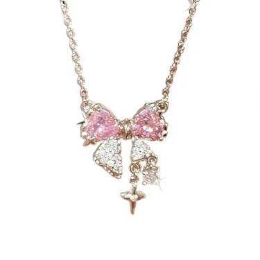 Sweet Pink Bow Necklace Ladies Fashion Sparkling Rhinestone Star Shape Pendant Clavicle Chain Delicate Wedding Accesories 6