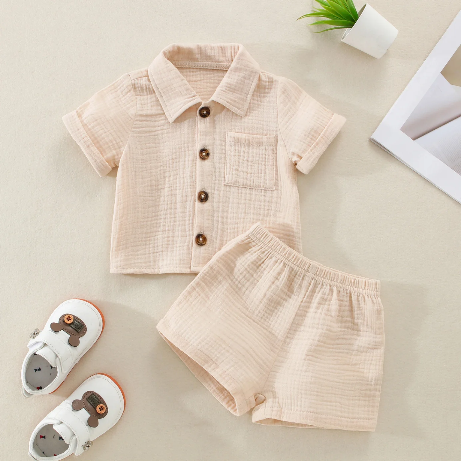 Pudcoco Toddler Newborn Baby 2Pcs Summer Outfits, Short Sleeve Button Down Lapel Shirt + Shorts Set 0-3T 4